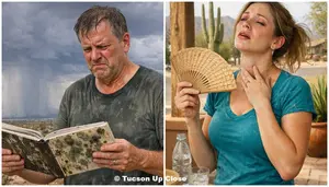 man is all sweaty during stormy times while looking at a book moldy from high humidity 