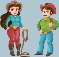 A watercolor painting of a cowgirl and a cowboy
