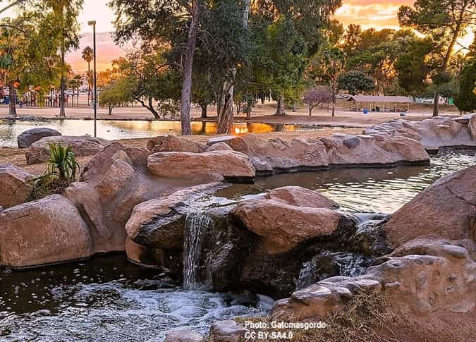 Steam with small waterfall in a large Tucson public park