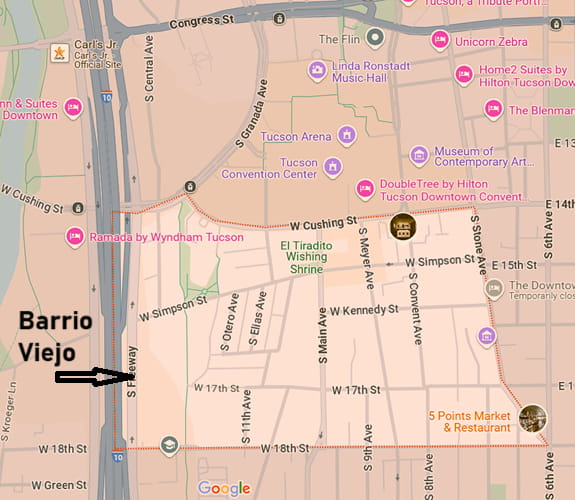 map locating Barrio Viejo, Tucson historic district