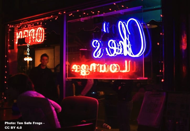 dark lounge sign from inside the bar