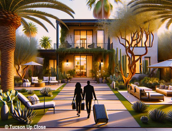 couple walk up a sidewalk leading wheeled suitcases as they head to the entry of a bed and breakfast