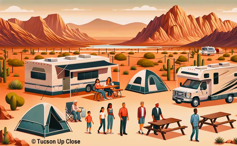 desert setting with people in campsites with tents and recreational vehicles