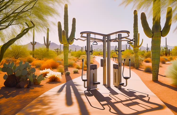 Pathway through a park in the desert with a fitness station