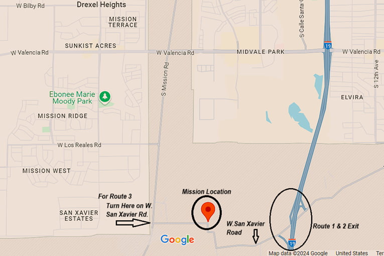 direction map showing how to get to San Xavier Mission in Tucson