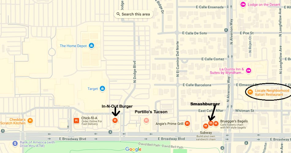 map showing places to eat in walking distance to Lodge on the Desert Tucson