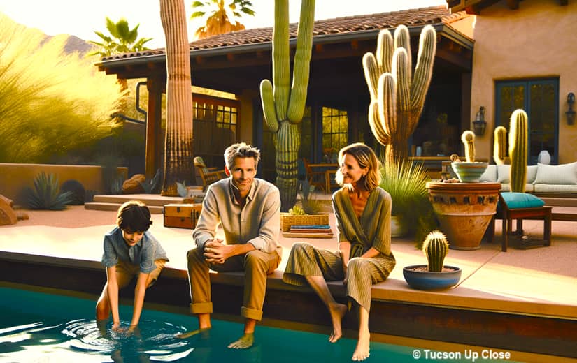 a couple with a young son sitting at a pool's edge in the backyard of a southwestern home