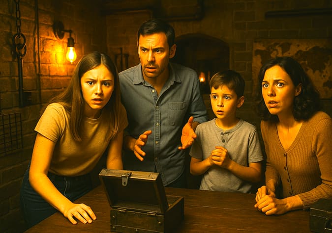 Family with looks of puzzlement, apprehension and interest on their faces