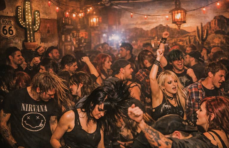 people packed into a dance club for grunge music
