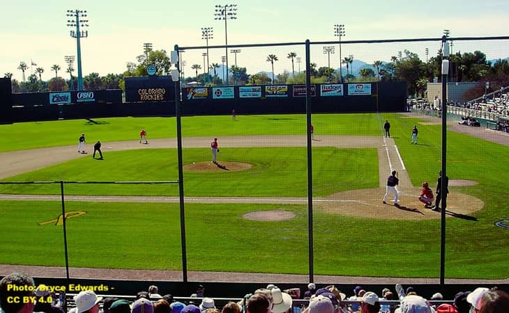 view of a baseball game in a field suited for AAA or college