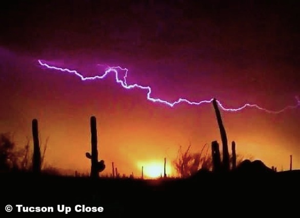 lightning streaks across the sky at sunset above the desert