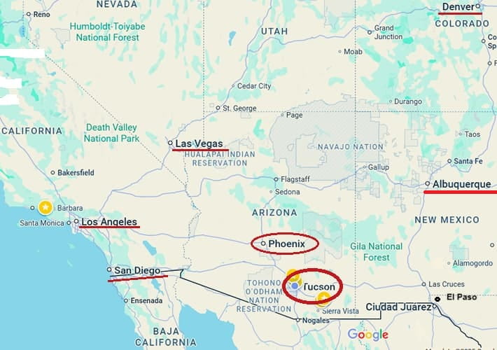 map locating Tucson Arizona in relationship to other southwestern cities