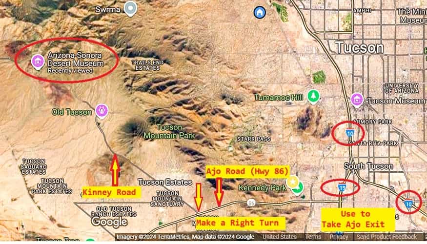 map designating directions to Tucson Sonoran Desert Museum