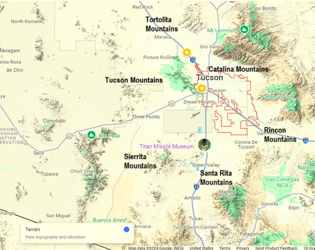 map of Tucson Arizona designating the surrounding mountains