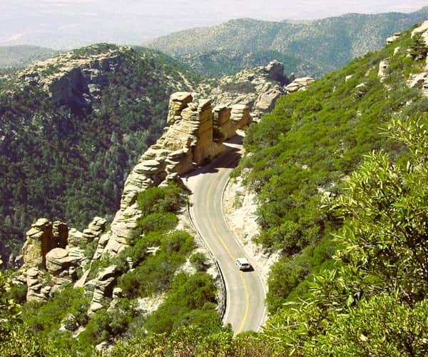 car driving on Mount Lemmon Scenic Byway Highway in Tucson Arizona