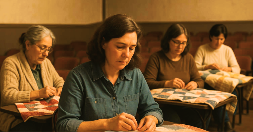 women quilting together