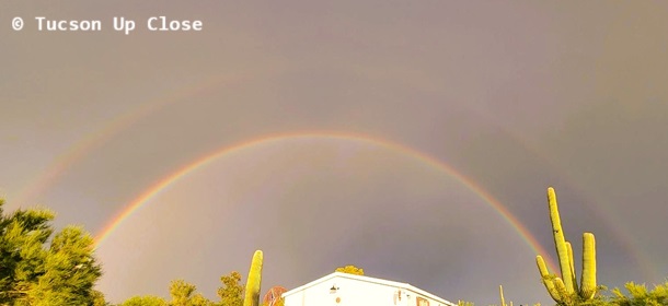 one full rainbow with a second rainbow forming above it, over a house with saguaro cactus