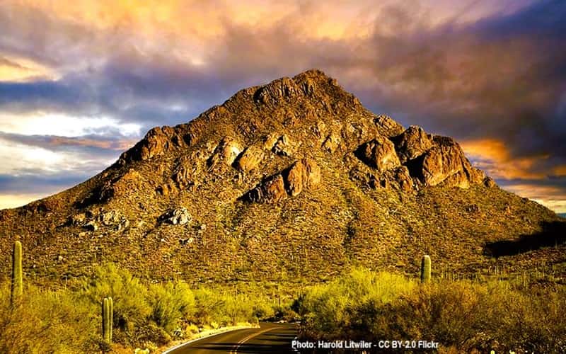 Roadway travels near a hill in Saguaro National Park East