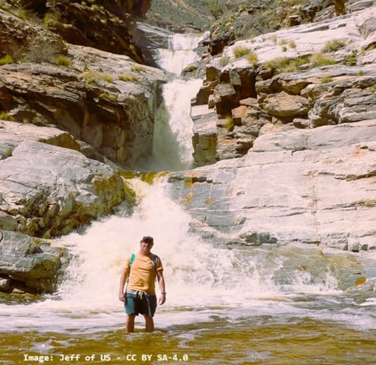 man standing in front of waterfall in the mountains