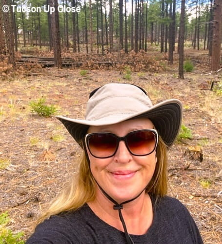 woman in sunglasses and sun hat near a stand of pines