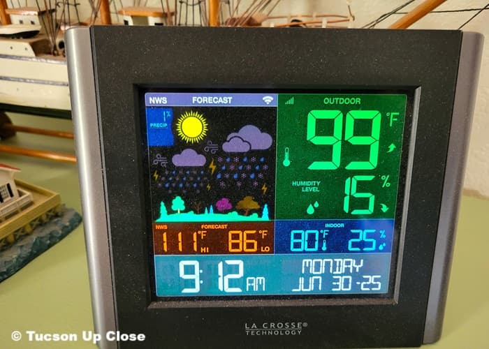Home weather station with Tucson a.m. temperature and forecast.