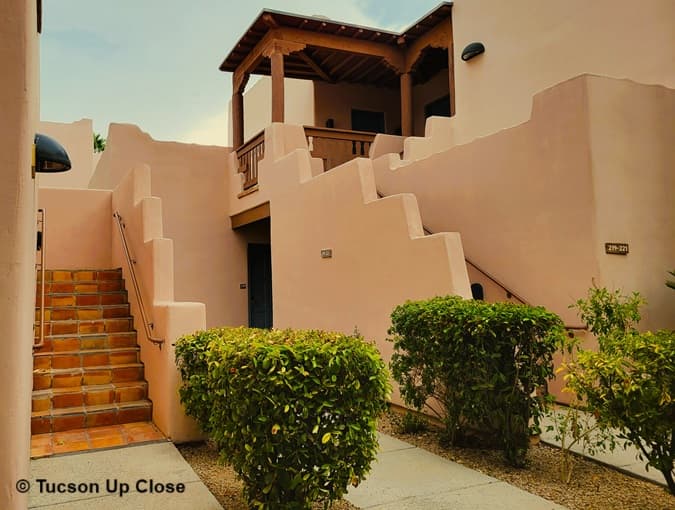 Southwestern styled building with stairs up to the second floor Southwestern styled building with stairs up to the second floor