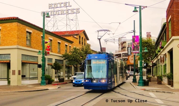 Streetcar or trolly gliding westbound through downtown Tucson 