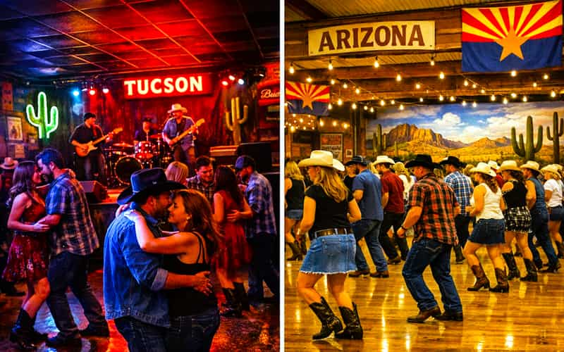 country dancing of two types in two different venues