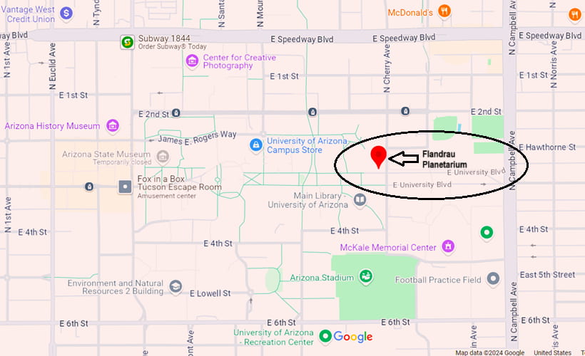 map pointing out location of Flandrau Planetarium in Tucson