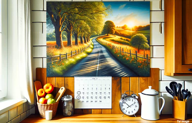Calendar on a kitchen wall above the counter  with a clock and a country photo on the wall