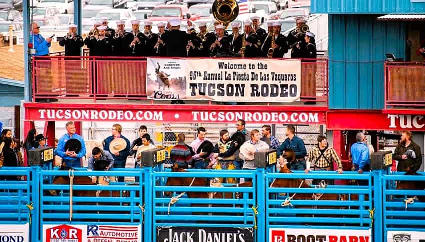 Opening day with band playing anthem at Tucson Rodeo